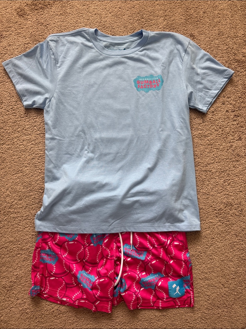Kids Two-Piece Light Blue Tee and Pink Baseball-Print Pajama Set